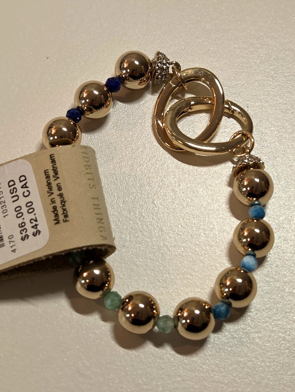 Anthro Gold Bead Bracelet with Blue and Green Accents 🎁